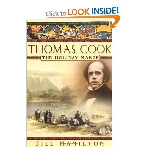 This shows an image of Thomas Cook with a Victorian beach holiday scene behind.