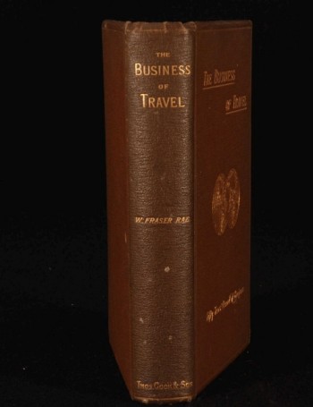 An image of the original leather bound book cover for The Business of Travel